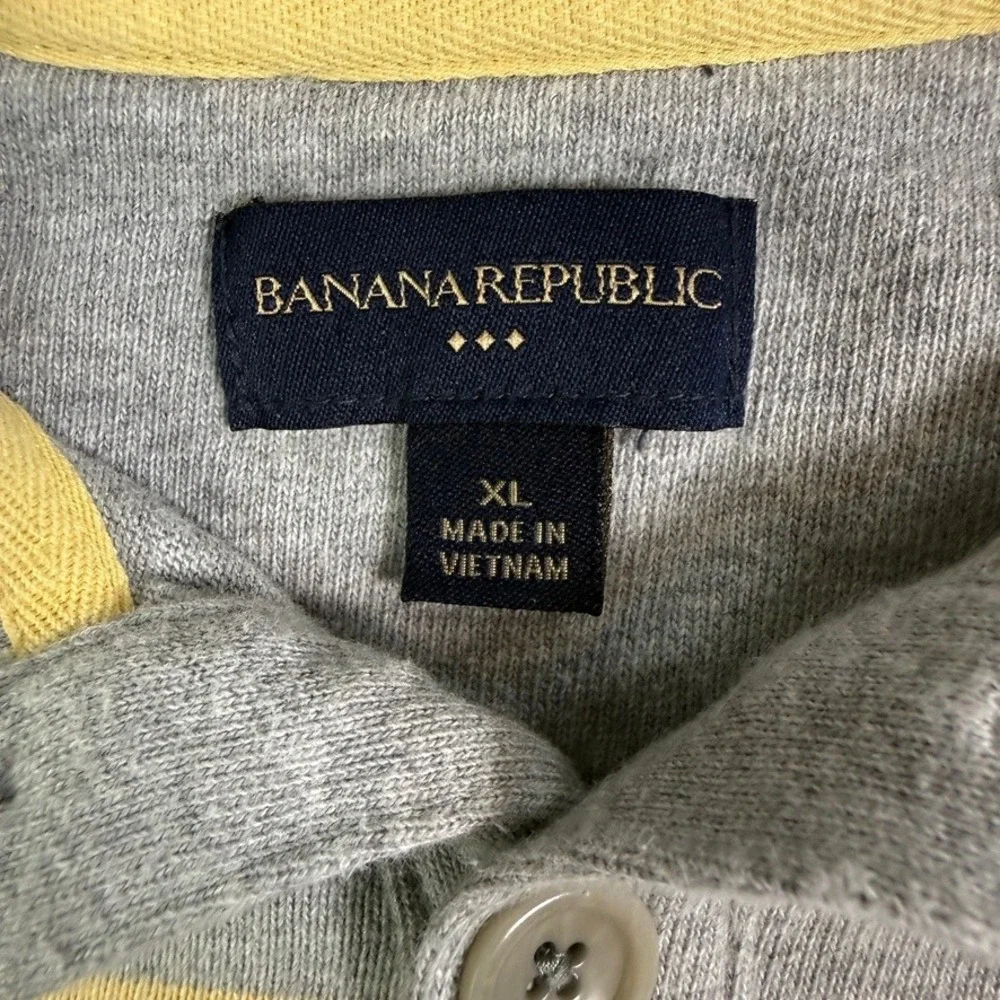 Banana Republic Mens XL Long Sleeve Polo‎ Shirt Grey Yellow Striped Jersey Knit